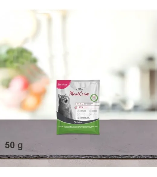 50 g PLATINUM MeatCrisp foderprøve Sterilised Chicken kattemad Kattemad fra PLATINUM som din kat vil elske. For første gang har 