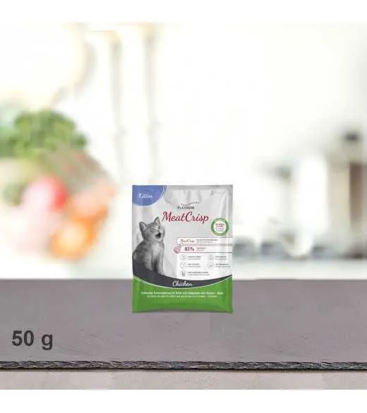 50 g PLATINUM MeatCrisp foderprøve Kitten Chicken killingemad Kattemad fra PLATINUM som din killing vil elske.
For første gang h