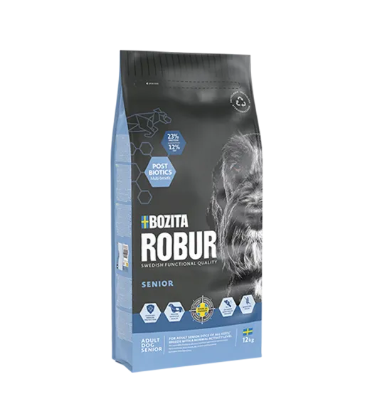 12 kg ROBUR SENIOR Bozita Robur Senior er et fuldfoder til seniorhunde med et normalt aktivitetsniveau. Indeholder postbiotics, 