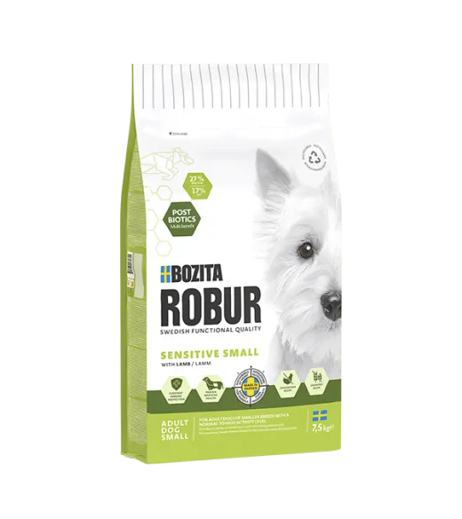 7,5 kg ROBUR SENSITIVE SMALL MED LAM Bozita Robur Sensitive Small med Lam er et fuldfoder til følsomme voksne hunde af små racer