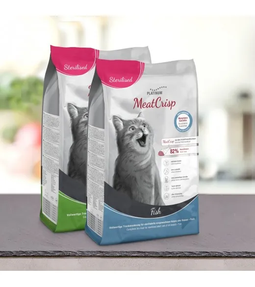 2 x 1,5 kg Mix PLATINUM MeatCrisp Sterilised Fish og Sterilised Chicken kattemad Kattemad fra PLATINUM som din kat vil elske. Fo 2 x 1,5 kg Mix PLATINUM MeatCrisp Sterilised Fish og Sterilised Chicken kattemad Kattemad fra PLATINUM som din kat vil elske. Fo