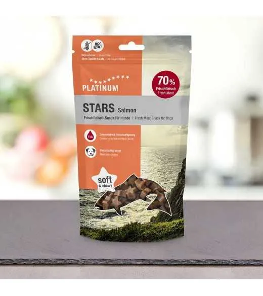 PLATINUM Stars Salmon godbidder 185 gram PLATINUM&nbsp;STARS Salmon er&nbsp;saftige&nbsp;kødfulde godbidder til hunde&nbsp;– perfekte til træning og
