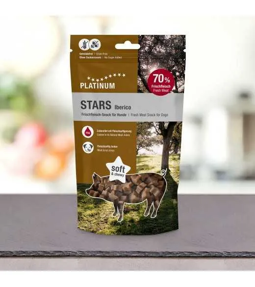 20 x PLATINUM Stars Iberico godbidder 185 gram PLATINUM&nbsp;STARS&nbsp;Iberico&nbsp;er&nbsp;saftige&nbsp;kødfulde godbidder til hunde&nbsp;– perfekte til træ