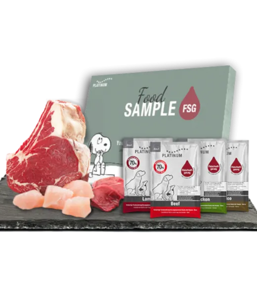 Prøve pakke med foderprøver + Brochure 4 x 50 gram smagsprøve på PLATINUM Hundefoder samt en brochure.  PLATINUM