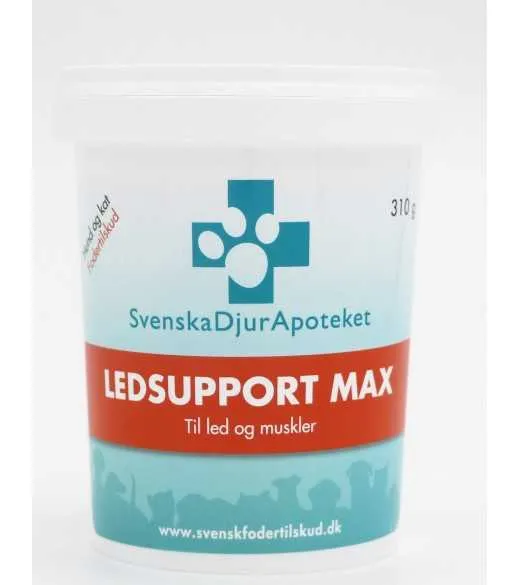 Ledsupport MAX - 310 gram Svensk Dyre Apotek Svenska DjurApotekets Ledsupport MAX indeholder flere aktive ingredienser, som støt