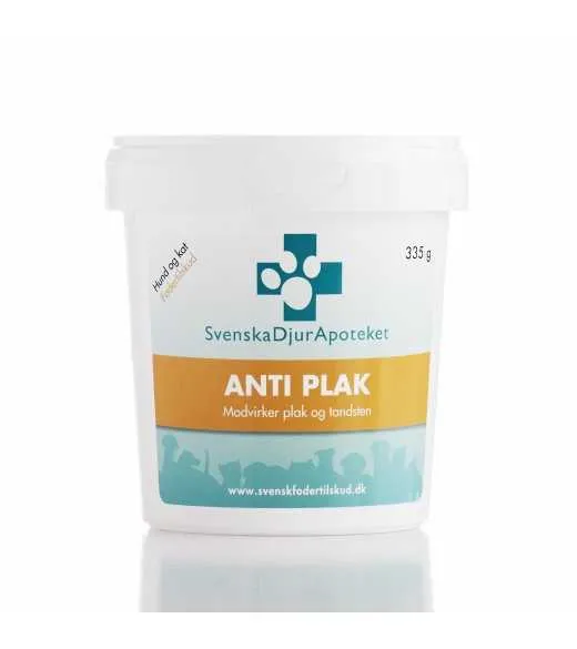 Anti Plak - 335 gram - Svensk Dyreapotek Svenska DjurApoteket Anti Plak er et tilskud til daglig vedligeholdelse af tænder og mu
