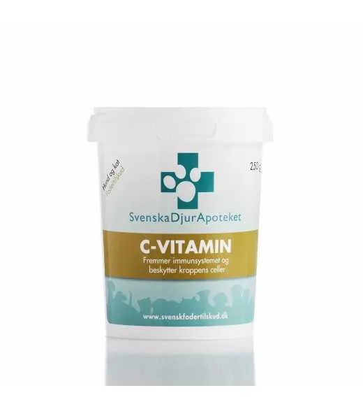 C - Vitamin 250 gram - Svensk Dyr Apotekets C-Vitamin Svenska DjurApoteket C-vitamin er af typen calciumascorbat. C-vitamin bidr