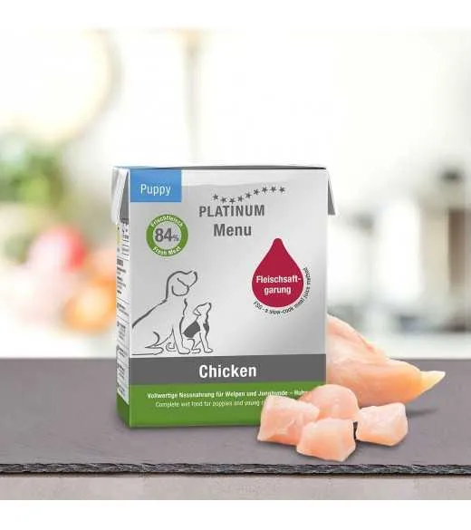 Stor PLATINUM Menu Puppy Kylling 375 gram PLATINUM Menu Puppy er et Hvalpe foder som vådfoder til helt små hvalpe fra 3-4 ugers Stor PLATINUM Menu Puppy Kylling 375 gram PLATINUM Menu Puppy er et Hvalpe foder som vådfoder til helt små hvalpe fra 3-4 ugers
