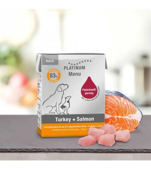 Stor PLATINUM Menu Kalkun og Laks 375 gram PLATINUM MENU KALKUN OG LAKS er et vådfoder af de bedste stykker af frisk kalkunkød (