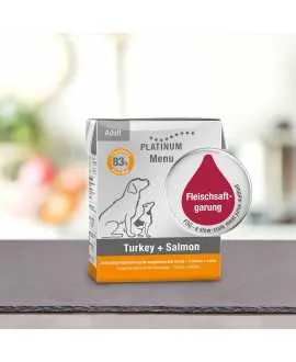 Stor PLATINUM Menu Kalkun og Laks 375 gram PLATINUM MENU KALKUN OG LAKS er et vådfoder af de bedste stykker af frisk kalkunkød (