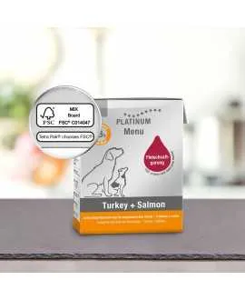 1/1 karton stor PLATINUM Menu Kalkun og Laks 12 x 375 gram PLATINUM MENU KALKUN OG LAKS er et vådfoder af de bedste stykker af f