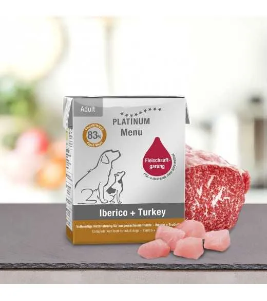 1/1 karton stor PLATINUM Menu Iberico og Kalkun 12 x 375 gram PLATINUM MENU Iberico og Kalkun indeholder kun ingredienser af høj