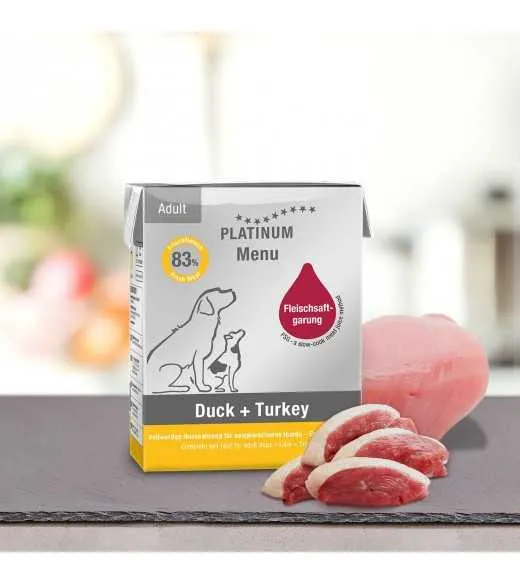 1/1 karton stor PLATINUM Menu And og Kalkun 12 x 375 gram PLATINUM menu And og Kalkun indeholder kun ingredienser af høj kvalite