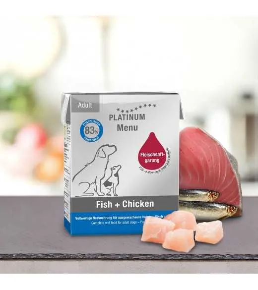 1/1 karton stor PLATINUM Menu Fisk og Kylling 12 x 375 gram PLATINUM MENU FISK OG KYLLING er et vådfoder de bedste stykker af&nbsp;fr