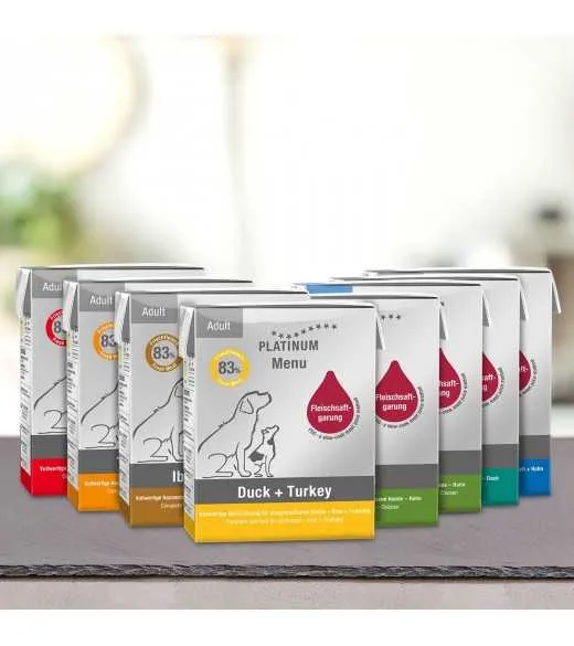14 stk. PLATINUM Menu store assorteret 14 x 375 gram PLATINUM MENU blandet af alle varianter på lager på dagen, undtaget Puppy! 