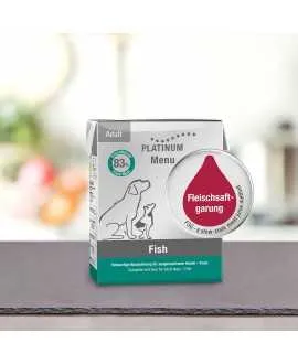 Stor PLATINUM Menu Fisk 375 gram PLATINUM MENU FISK er et vådfoder af de bedste stykker af frisk ørred (49%), frisk tun (17%) og