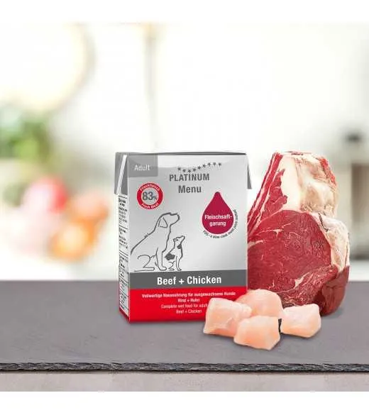 1/1 karton mellem PLATINUM Menu Oksekød og Kylling 12 x 185 gram PLATINUM MENU Oksekød og Kylling&nbsp;indeholder kun ingredienser af