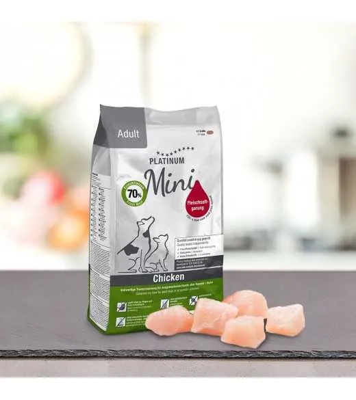 14 x 900 g PLATINUM MINI Kylling voksen Hundefoder PLATINUM MINI Adult&nbsp;Chicken Hundefoder er et sundt komplet koldpresset hunde