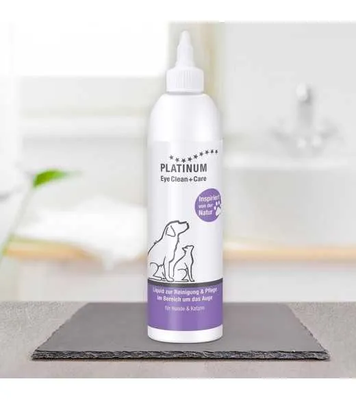 PLATINUM Eye Clean + Care 250 ml med hypoklorsyre PLATINUM&nbsp;Eye Clean + Care er en væske til rengøring og pleje af området omkrin