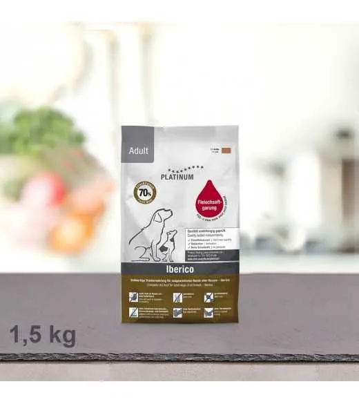 1,5 kg PLATINUM Iberico voksen hundefoder PLATINUM Adult Iberico og Grønt er et sundt komplet koldpresset hundefoder der sikre 