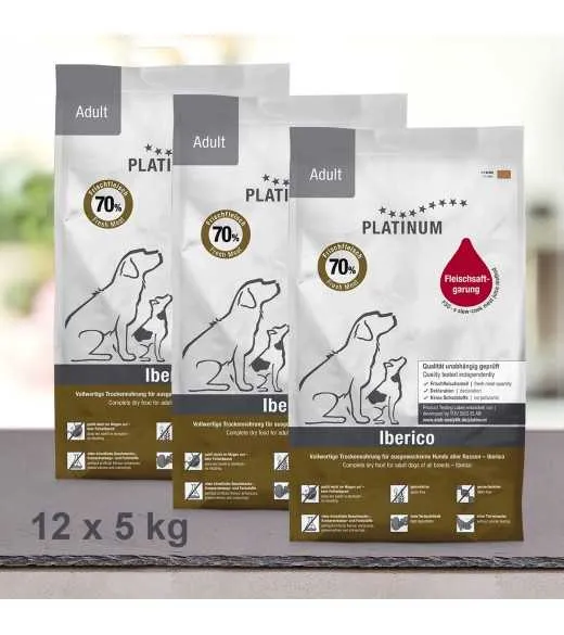 60 kg PLATINUM IBERICO VOKSEN HUNDEFODER PLATINUM Adult Iberico og Grønt er et sundt komplet koldpresset hundefoder der sikre d