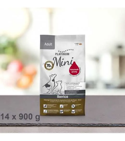 14 x 900 g PLATINUM MINI Iberico voksen hundefoder PLATINUM MINI Adult Iberico og Grønt er et sundt komplet koldpresset hundefo
