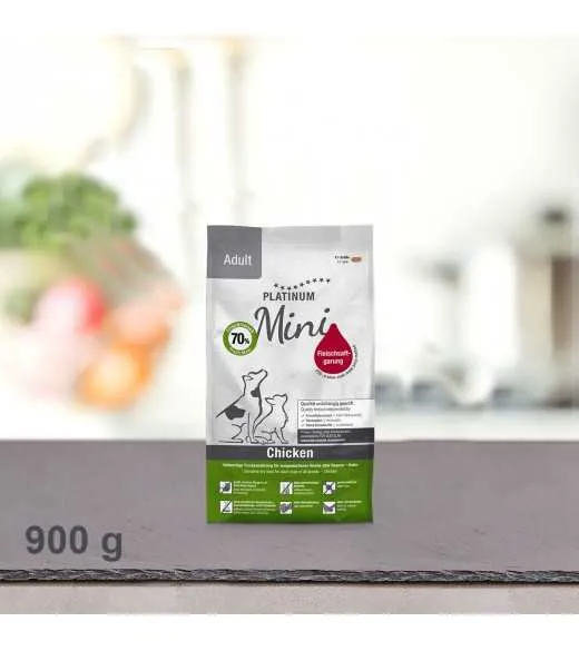 900 g PLATINUM MINI Kylling voksen Hundefoder PLATINUM MINI Adult&nbsp;Chicken Hundefoder er et sundt komplet koldpresset hundefoder