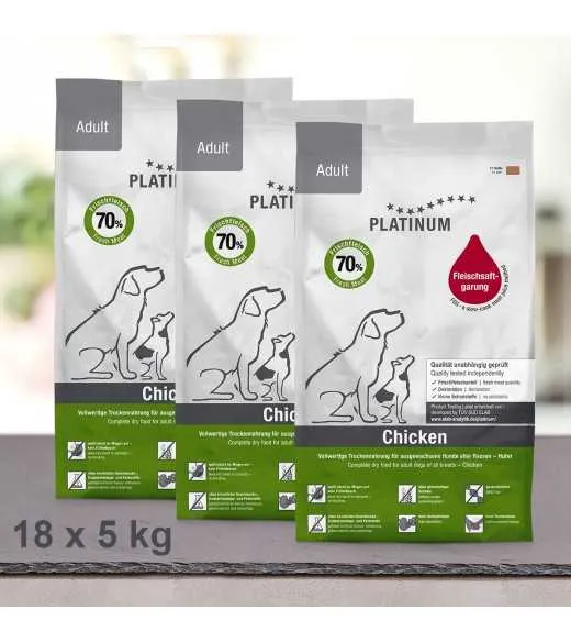 90 kg PLATINUM Kylling voksen hundefoder PLATINUM Adult Kylling Hundefoder er et sundt komplet koldpresset hundefoder der sikre