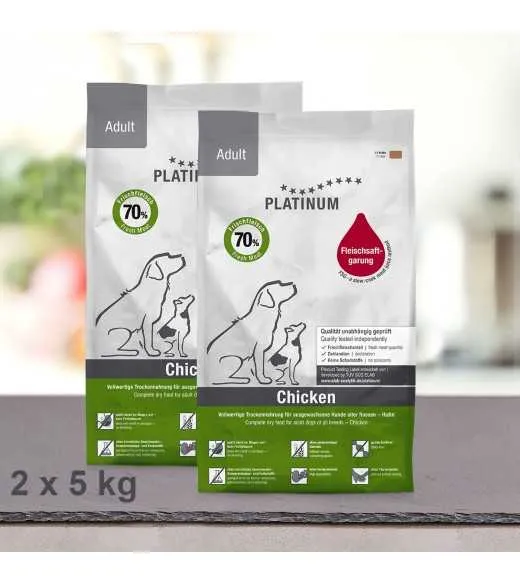 10 kg PLATINUM Kylling voksen Hundefoder PLATINUM Adult Kylling Hundefoder er et sundt komplet koldpresset hundefoder der sikre