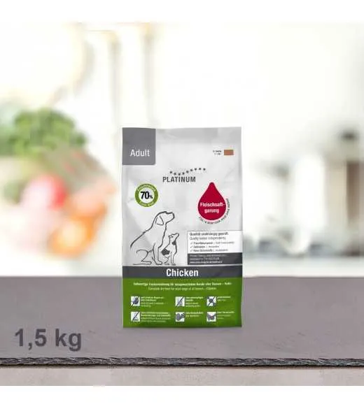1,5 kg PLATINUM Kylling voksen Hundefoder PLATINUM Adult&nbsp;Chicken Hundefoder er et sundt komplet koldpresset hundefoder der sikr