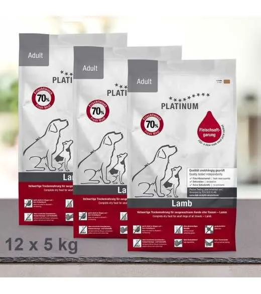 60 kg PLATINUM LAM VOKSEN HUNDEFODER PLATINUM adult lam og ris er et sundt komplet&nbsp;koldpresset hundefoder der sikre din hund al