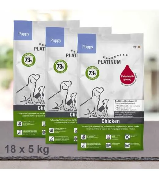 90 kg PLATINUM PUPPY CHICKEN HVALPEFODER PLATINUM Puppy Kylling Hvalpefoder er et sundt komplet koldpresset hvalpefoder, der al
