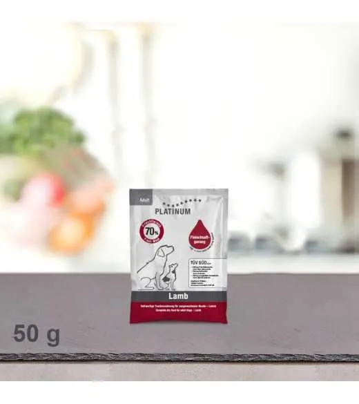 50 gram PLATINUM Lam Voksen hundefoder foderprøve PLATINUM adult lam og ris er et sundt komplet&nbsp;koldpresset hundefoder der sikr